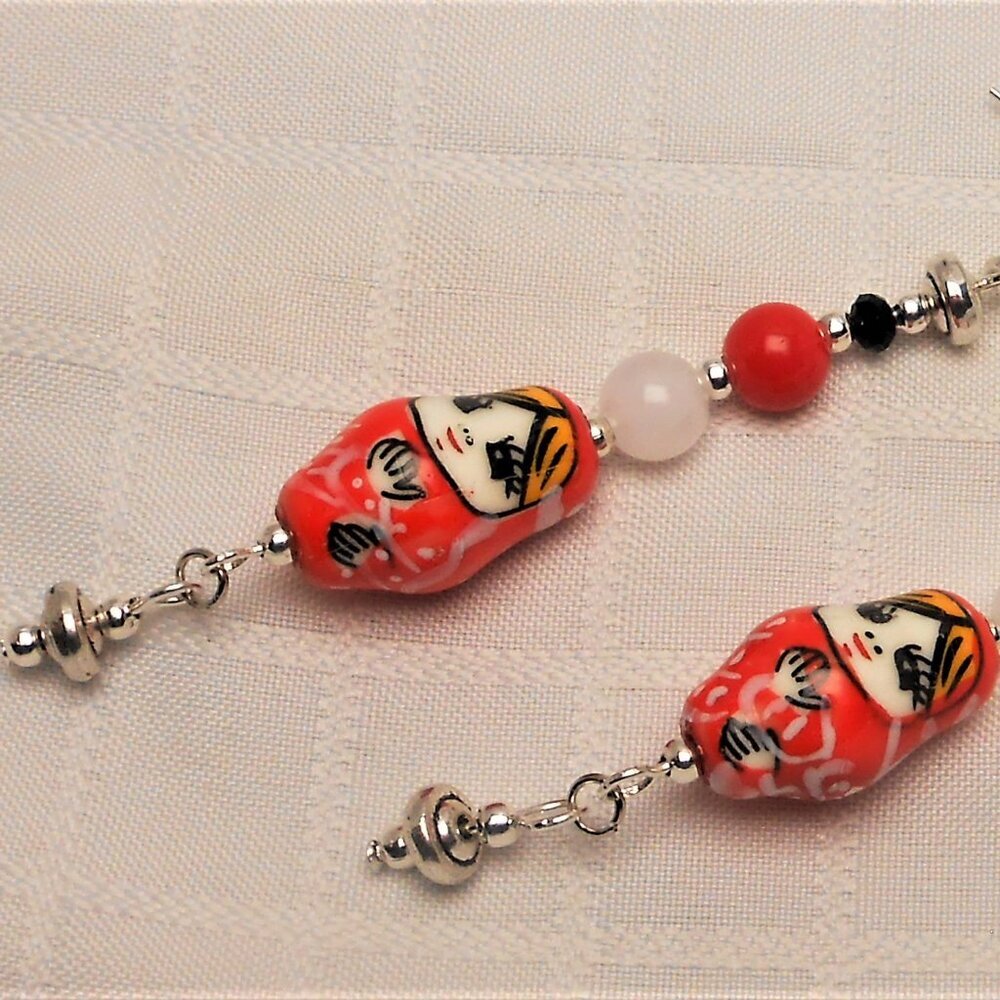 Handmade earrings with ceramic Matryoshka dolls, cat's eye beads